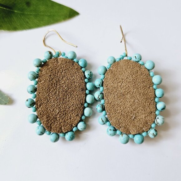 Large Beaded Turquoise Bohemian Shield Earrings | Handmade Indigenous Earrings - Picture 5 of 6